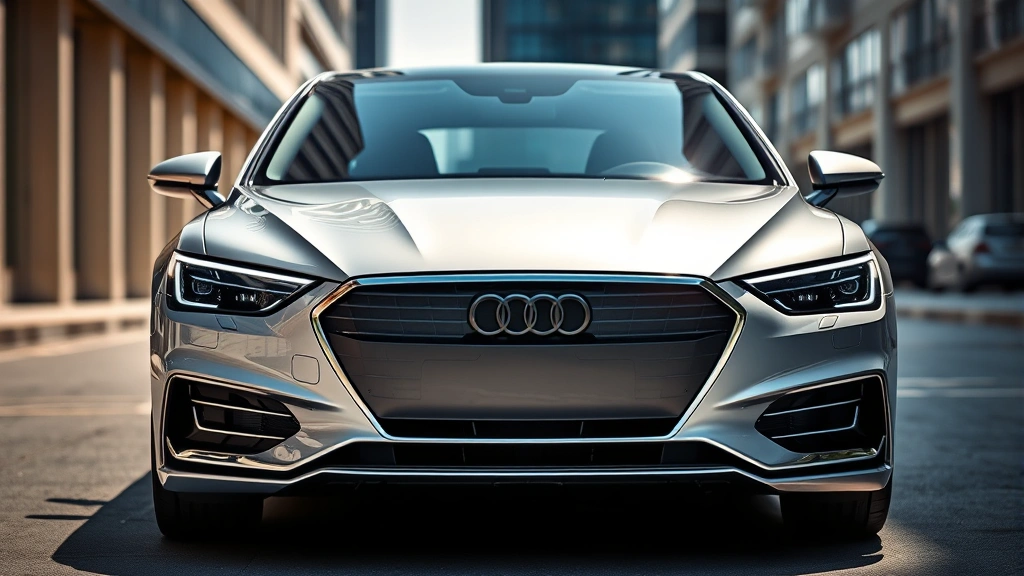 Premium luxury sedan with sleek design, silver metallic paint, photographed from three-quarter front angle in bright daylight, modern urban setting with blurred buildings, sharp focus on elegant front grille and LED headlights