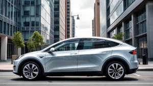 Sleek silver Tesla Model Y electric SUV photographed from three-quarter angle on modern urban street with contemporary architecture background, daylight, professional automotive photography