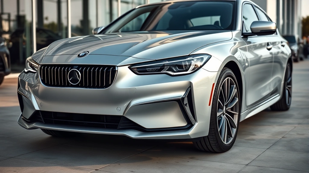 Sleek luxury sedan front three-quarter view in silver, modern styling, premium headlights, professional photography, dealership setting, afternoon light