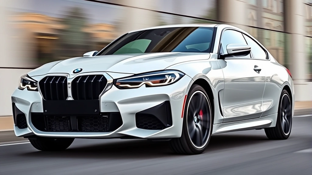 2024 BMW M440i xDrive sedan front three-quarter view, white pearl finish, aggressive sport styling, blurred motion background