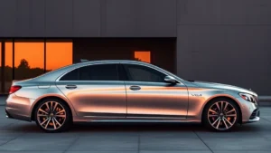 Sleek luxury sedan with chrome accents parked in modern minimalist setting, sunset lighting reflecting off polished exterior paint