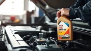 Professional automotive technician performing oil change on vehicle engine, showing dipstick and fresh synthetic oil container in well-lit service bay