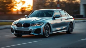 Sleek silver BMW M340i sport sedan photographed at golden hour, three-quarter front angle, motion blur background, professional automotive photography