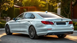 Modern luxury sedan parked in upscale driveway, sleek design, premium materials visible through windows, afternoon sunlight, professional automotive photography