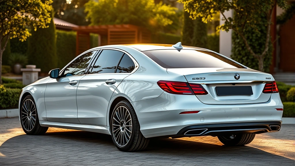 Modern luxury sedan parked in upscale driveway, sleek design, premium materials visible through windows, afternoon sunlight, professional automotive photography