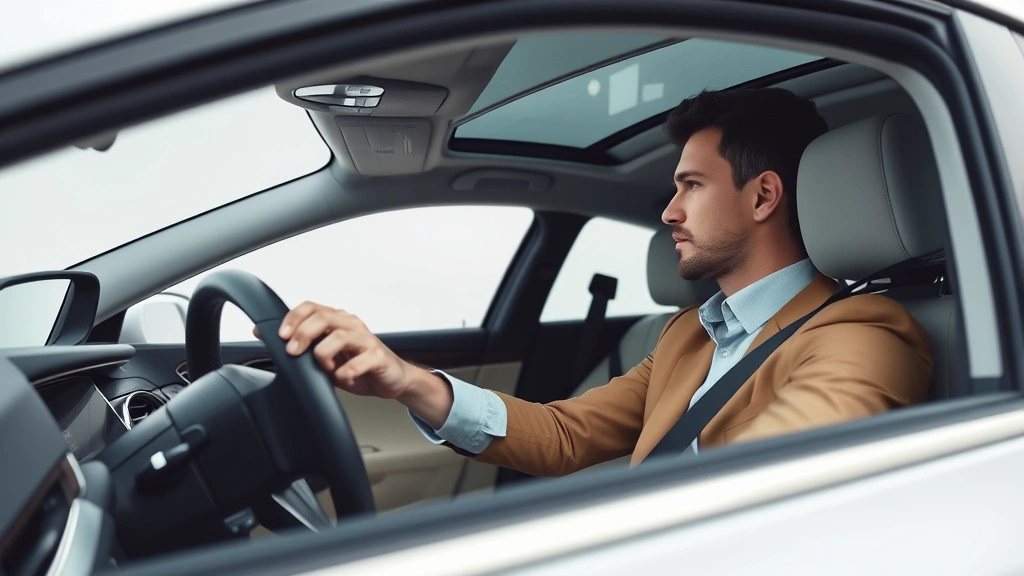 Professional automotive test driver evaluating luxury sedan interior quality and technology features in neutral lighting studio setting