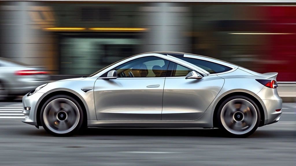 2024 Tesla Model 3 Performance sedan in silver, dynamic three-quarter view, sleek aerodynamic profile, urban setting with motion blur background