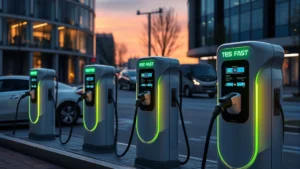 Modern electric vehicle charging station with multiple DC fast chargers glowing at dusk, sleek urban environment with contemporary architecture, photorealistic detail showing cable connectors and digital displays
