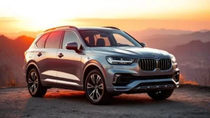 Premium luxury SUV parked on mountainside overlook at sunset, three-quarter front view, modern design, alloy wheels, panoramic roof visible, golden hour lighting, pristine condition