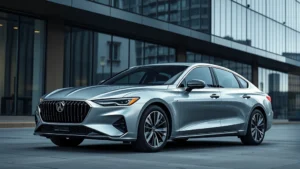 Sleek 2024 luxury sedan in silver metallic, photographed from three-quarter front angle against modern urban backdrop with reflective glass building, professional automotive photography lighting