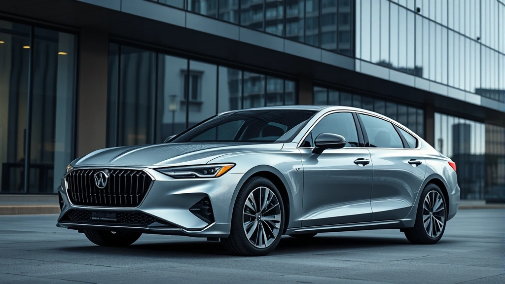 Sleek 2024 luxury sedan in silver metallic, photographed from three-quarter front angle against modern urban backdrop with reflective glass building, professional automotive photography lighting