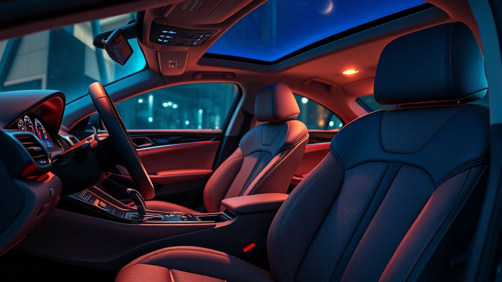 Luxury sedan interior showcasing premium leather seats, ambient lighting, and advanced dashboard technology in soft focus, upscale automotive craftsmanship