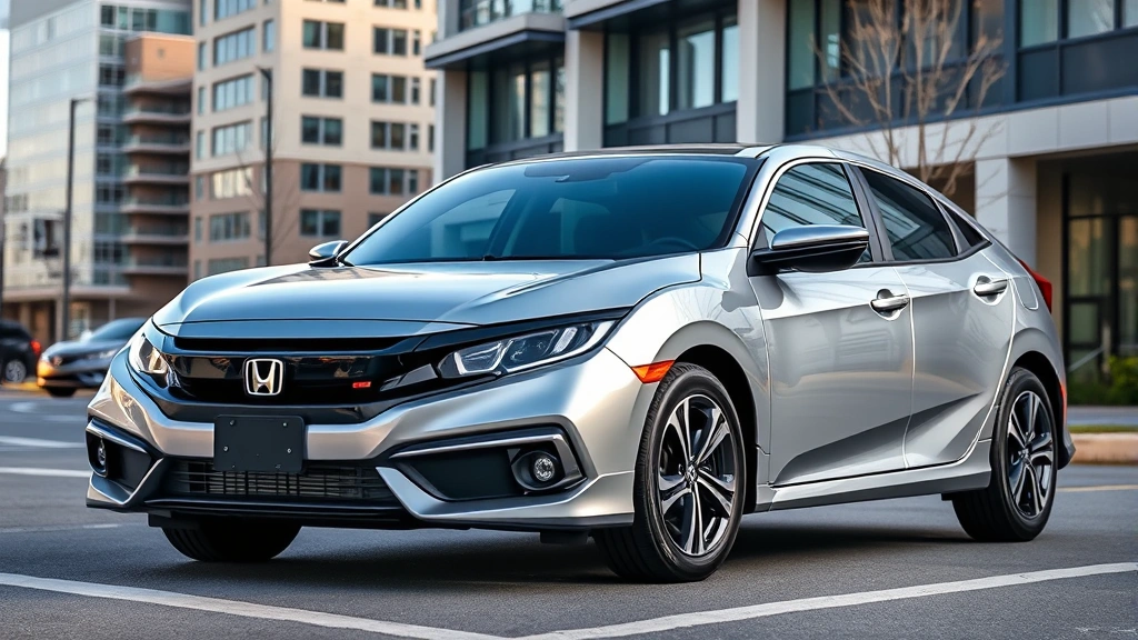 2024 Honda Civic Hatchback silver exterior three-quarter view parked on urban street with modern buildings background professional automotive photography