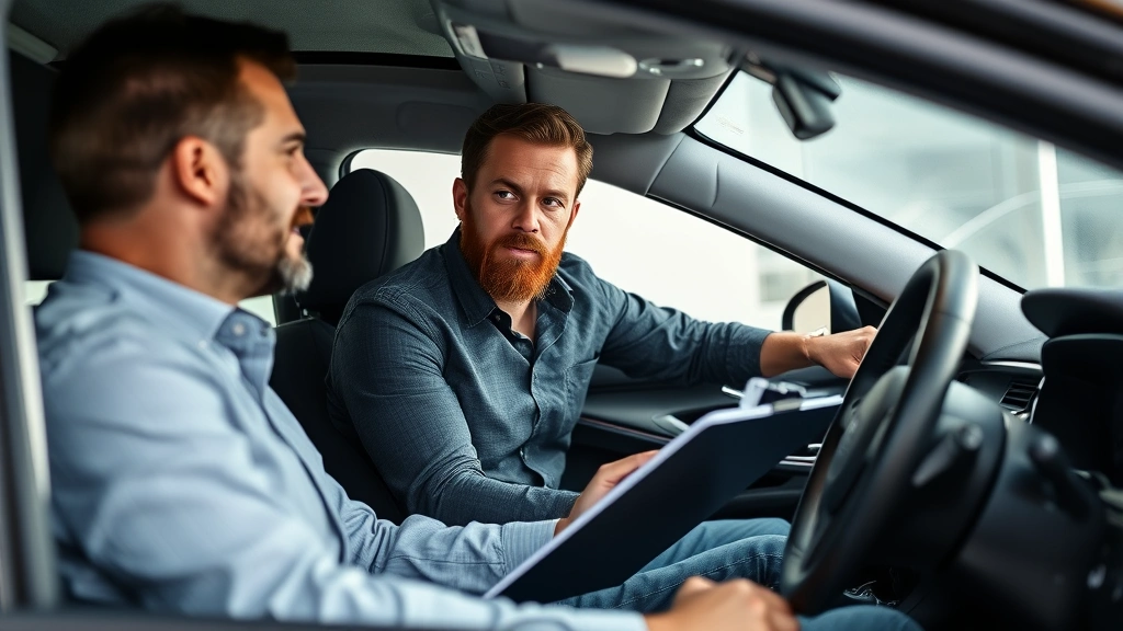 Professional automotive journalist reviewing car interior details with clipboard, natural daylight studio setting, focused expression