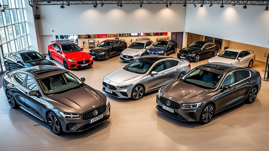 Multiple 2024 sedans displayed in a showroom setting, diverse models from compact to luxury, modern interior design, professional automotive photography lighting