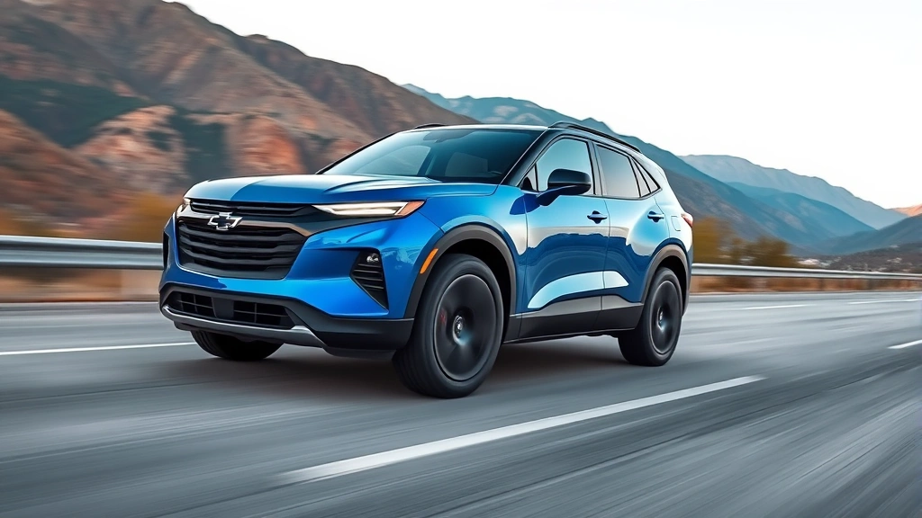 Chevrolet Blazer EV in vibrant blue metallic paint driving on empty highway with mountains in background, dynamic motion blur, photorealistic automotive photography