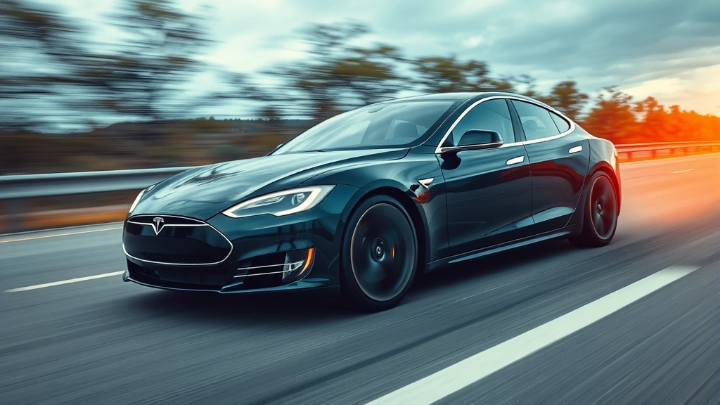 High-speed electric sports car Tesla Model S Plaid accelerating on open highway with motion blur background, dramatic automotive photography