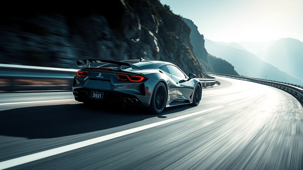 Sports car accelerating on mountain road, dynamic motion, curves and guardrails visible, dramatic lighting, performance vehicle in element