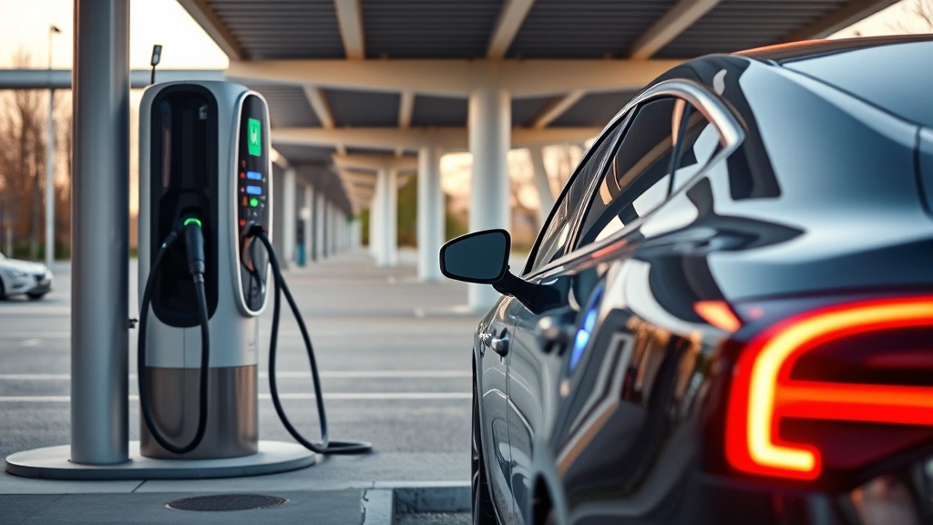 Electric vehicle charging at public charging station with LED indicators illuminated, modern infrastructure, daytime setting, sleek vehicle profile, technological aesthetic