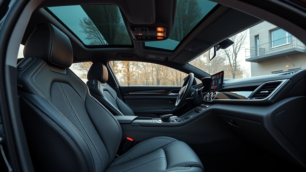 Luxury sedan interior showing premium leather seats, digital dashboard, ambient lighting, steering wheel detail, sophisticated cabin design with soft natural light