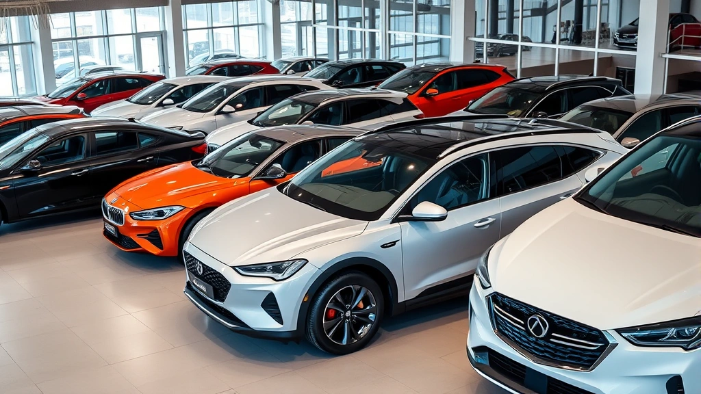 Lineup of diverse vehicles parked in modern showroom or dealer lot, including sedan, crossover SUV, and electric vehicle, contemporary automotive display environment
