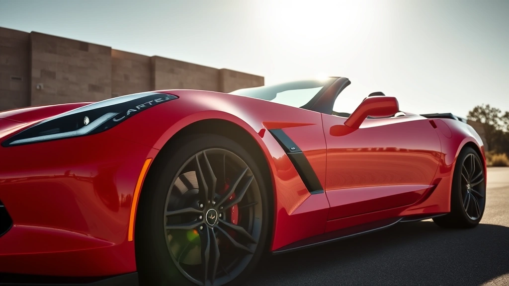 Chevrolet Corvette Z06 bright red mid-engine convertible sports car shot from low angle showing aggressive stance and aerodynamic details in sunlight