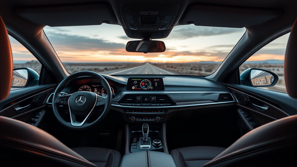 Modern luxury sedan interior dashboard featuring premium leather appointments, minimalist control layout, ambient lighting, and panoramic windshield view of scenic highway landscape