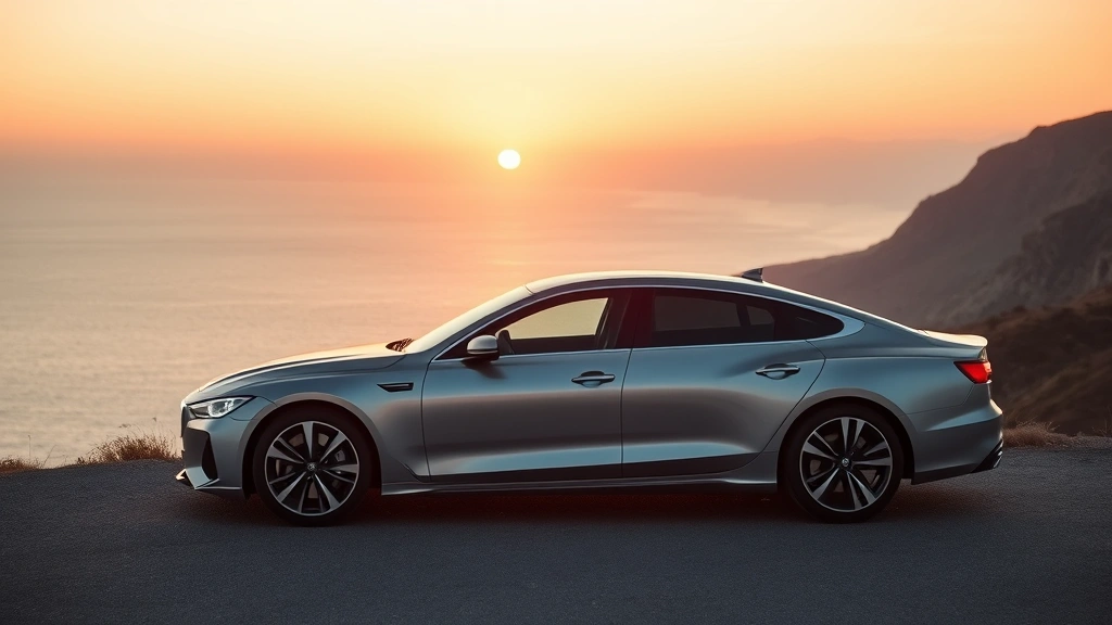 Modern silver sedan with sleek aerodynamic profile parked on coastal cliff overlooking ocean at sunset, minimalist composition
