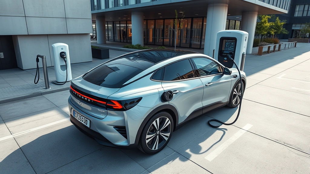 Overhead wide-angle shot of a modern electric vehicle charging at public charging station, sleek minimalist design, contemporary urban environment with clean lines and modern architecture in background