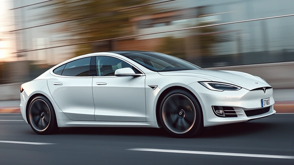 Tesla Model S Plaid white exterior showcasing futuristic design, shot from dynamic side angle with blurred motion background emphasizing speed and modern aerodynamics
