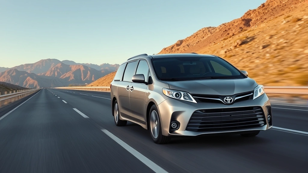Toyota Sienna hybrid minivan on highway with mountains in background, three-quarter front view, dynamic motion, modern aesthetic, clear sky
