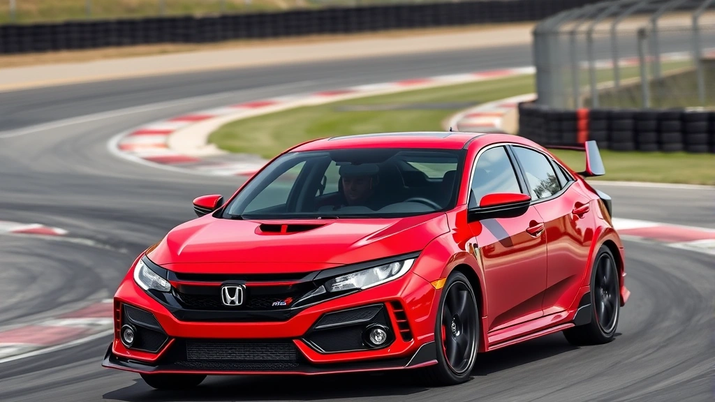 Action shot of 2024 Honda Civic Type R in rally red, aggressive front end with functional ducting, dynamic driving angle, track environment, performance-focused design, professional automotive photography, clear daylight