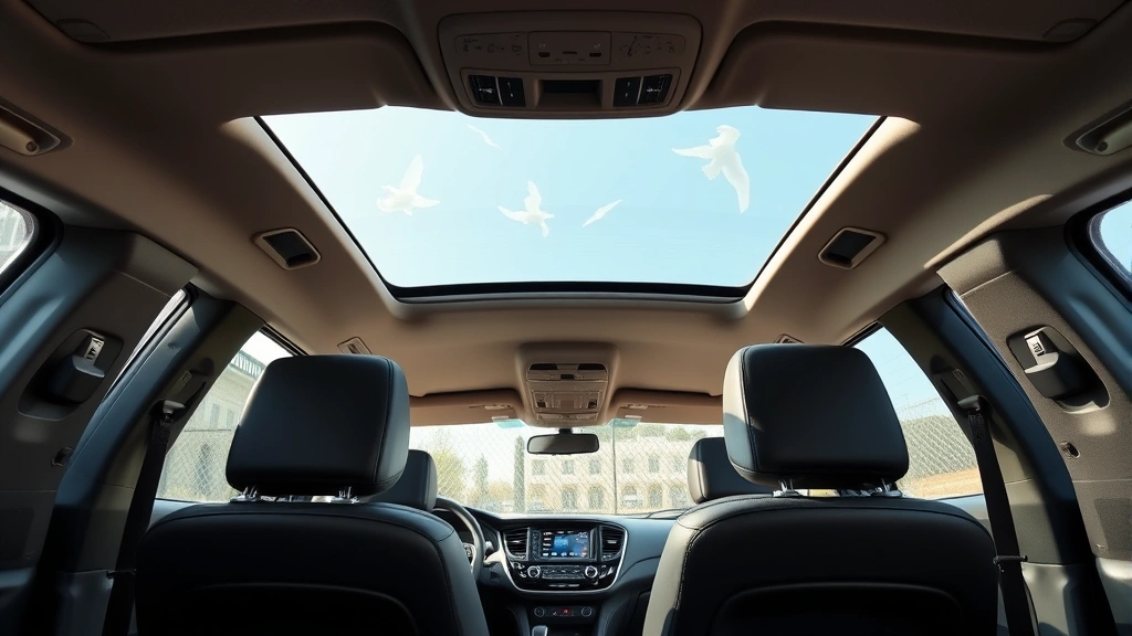 Family SUV with all three rows of seating visible through panoramic sunroof, interior cabin spacious and well-lit, modern dashboard with touchscreen display