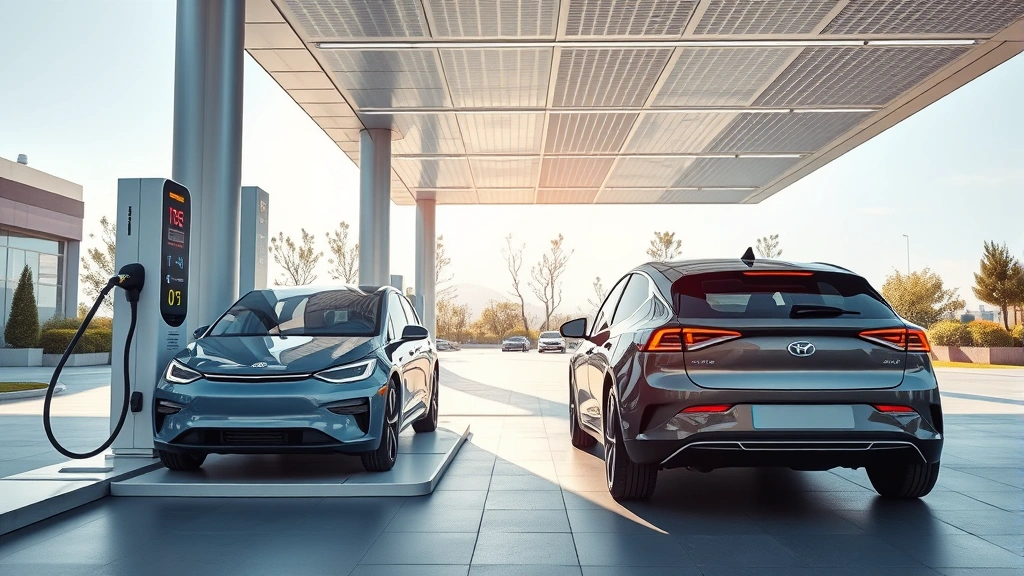 Modern electric vehicle charging at fast-charging station with futuristic station design, clean contemporary aesthetic, bright daylight, technology-focused composition