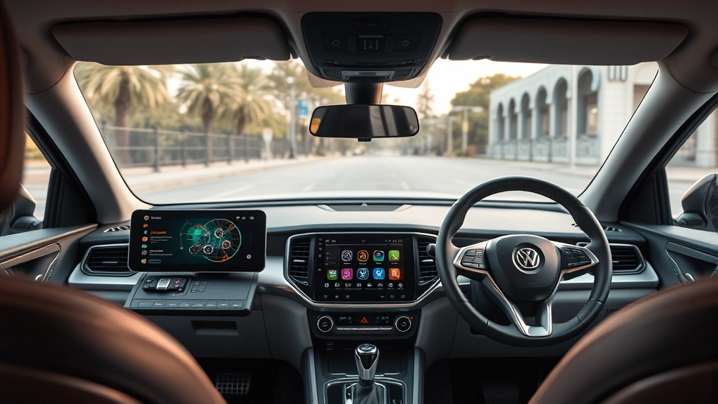 Detailed interior dashboard view showing modern infotainment system, steering wheel controls, and ergonomic design elements of contemporary automobile