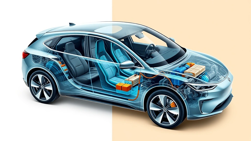 Hybrid electric car battery pack system cutaway diagram visualization, showing blue and orange electric components integrated with engine, technical automotive illustration, clean professional presentation, no text overlays