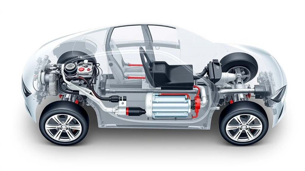 Detailed cutaway illustration showing hybrid powertrain components: gasoline engine, electric motor, battery pack, transmission, and regenerative braking system integration in vehicle chassis