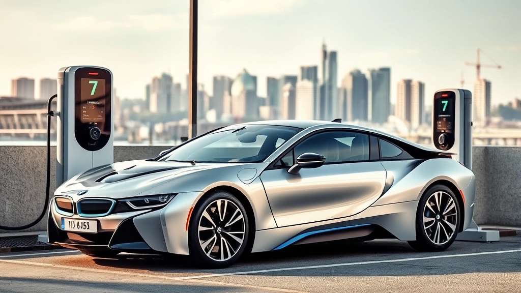 Silver BMW i7 luxury sedan charging at modern electric vehicle charging station with urban skyline visible in background