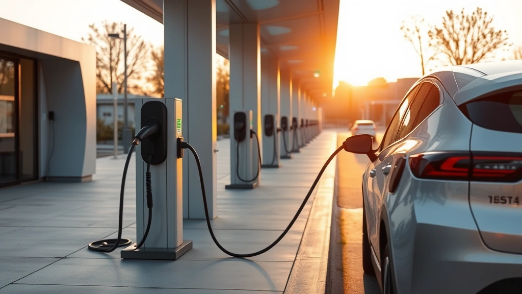 Electric vehicle charging at modern public station with futuristic design, cables connected, late afternoon golden hour lighting, clean minimalist surroundings, no visible text or branding