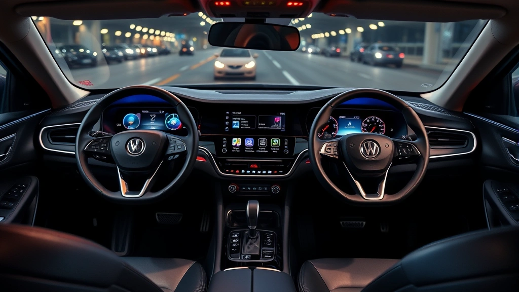 Sedan interior dashboard showing modern infotainment screen, steering wheel with premium controls, ambient lighting, high-quality leather upholstery, contemporary design