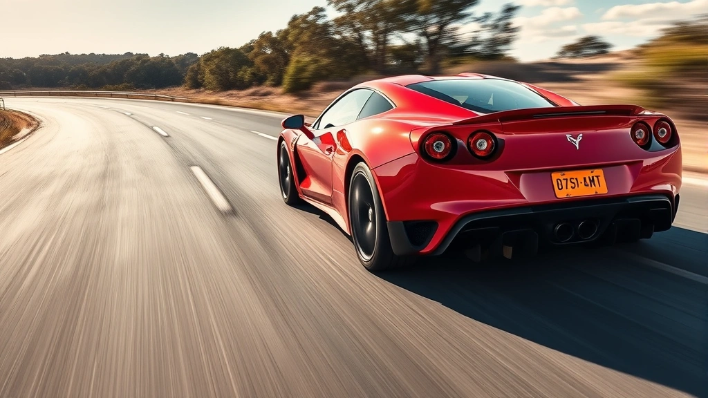 Dynamic action shot of red sports car accelerating on open highway with blurred background, capturing performance and speed, professional automotive photography