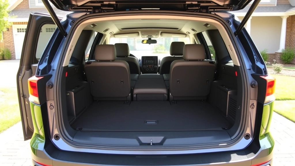Three-row crossover SUV parked in suburban driveway with open cargo area, showing fold-flat seats and generous trunk space, bright daylight, contemporary home in background, emphasizing practicality and versatility