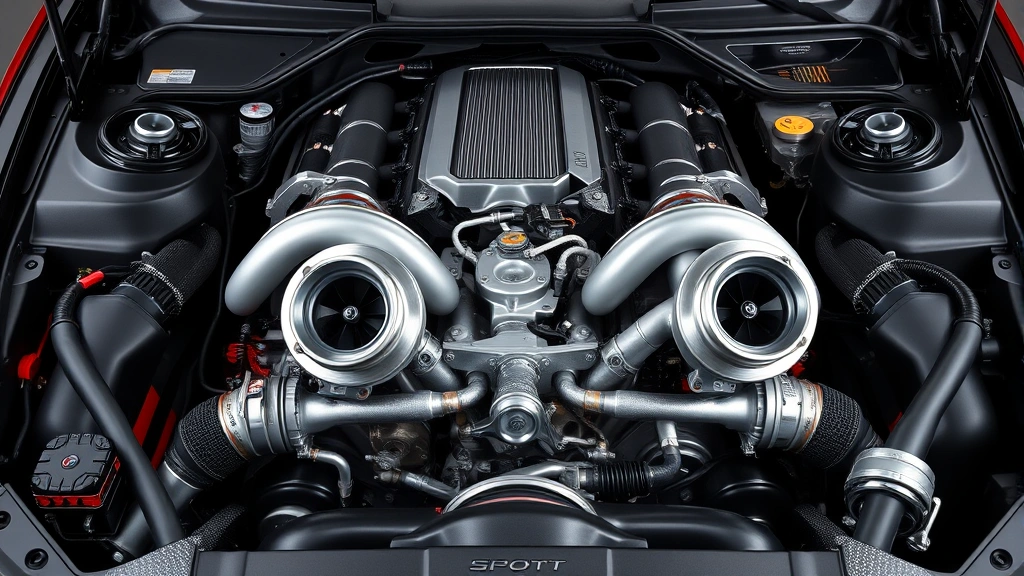 High-performance turbocharged engine bay with twin turbochargers and detailed metal components, studio lighting highlighting engineering precision and mechanical beauty