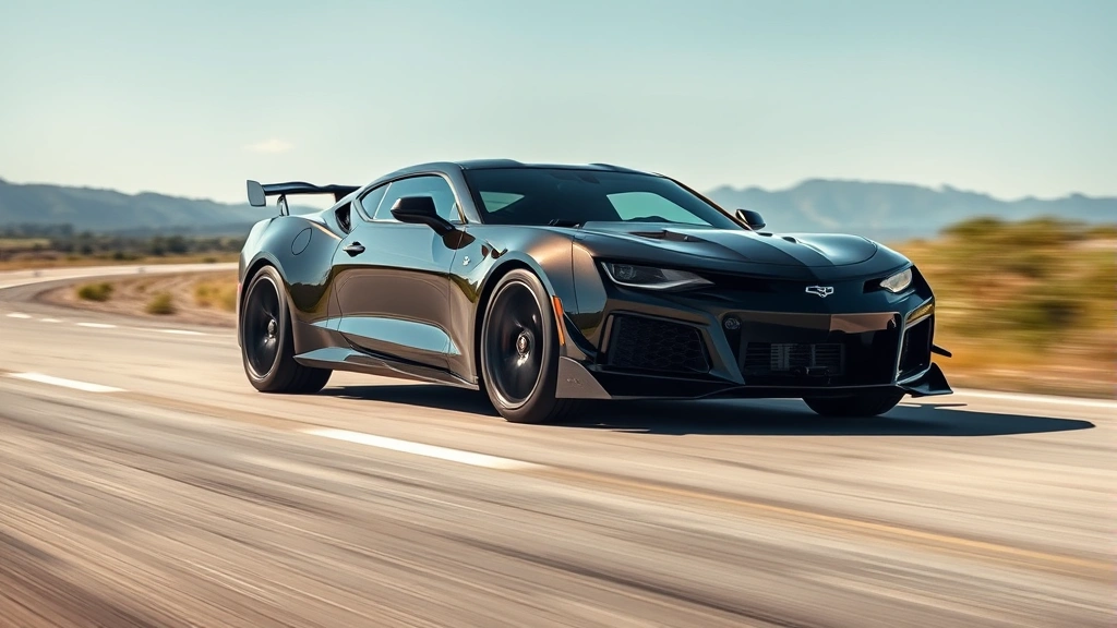 High-performance sports car captured in dynamic motion on open road with blurred background, emphasizing aerodynamic design and muscular proportions in natural daylight