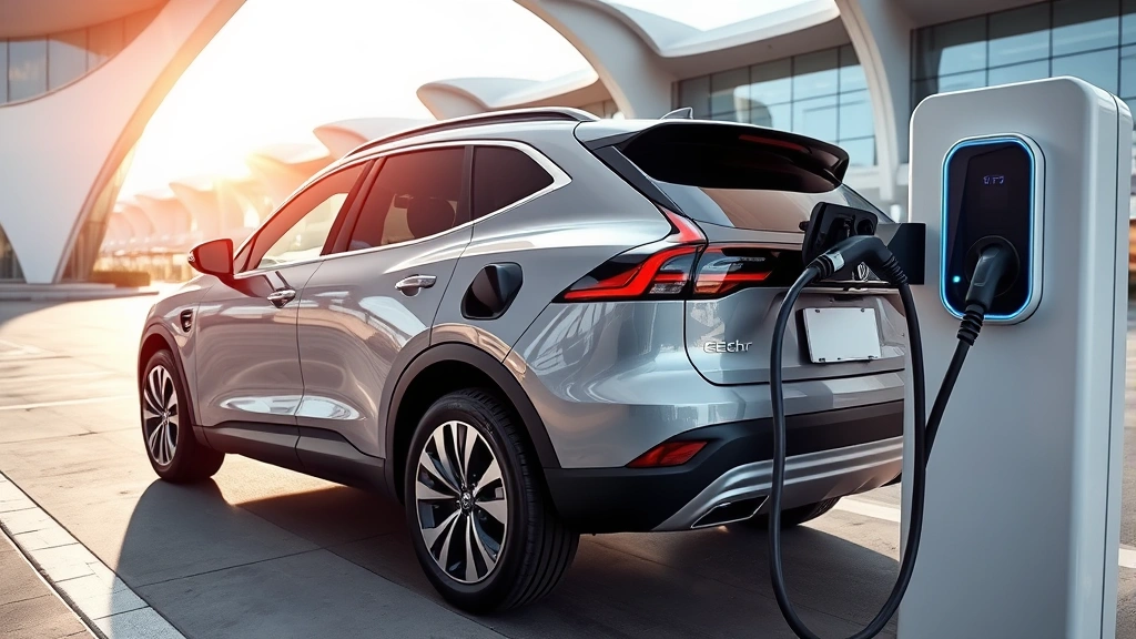 Electric SUV charging at modern station with futuristic architecture, showing vehicle profile and charging connector detail in daylight
