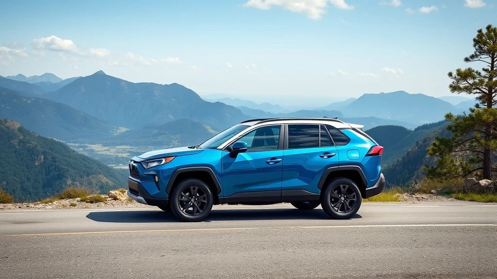 Toyota RAV4 Prime plug-in hybrid SUV in metallic blue, shot from side profile on mountain road, scenic landscape background, dynamic composition emphasizing compact crossover stance, clean surfaces without visible text