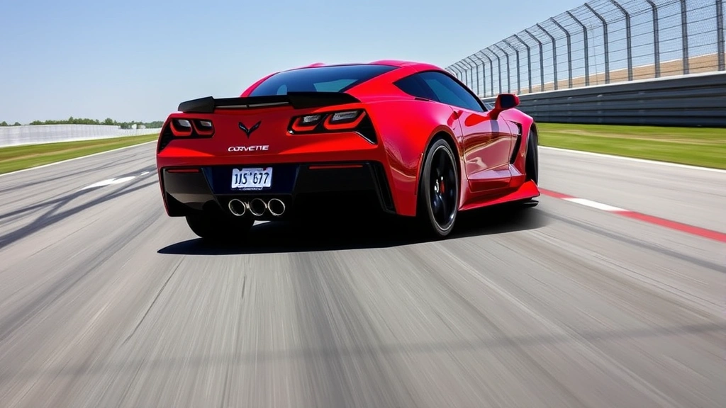 Chevrolet Corvette Z06 red mid-engine sports car positioned on track straightaway with tire marks visible, dynamic motion composition capturing performance essence