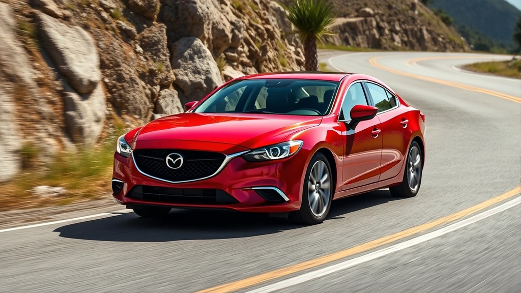 Red Mazda 6 midsize sedan cornering dynamically on winding mountain road, demonstrating performance capability and refined styling in natural daylight