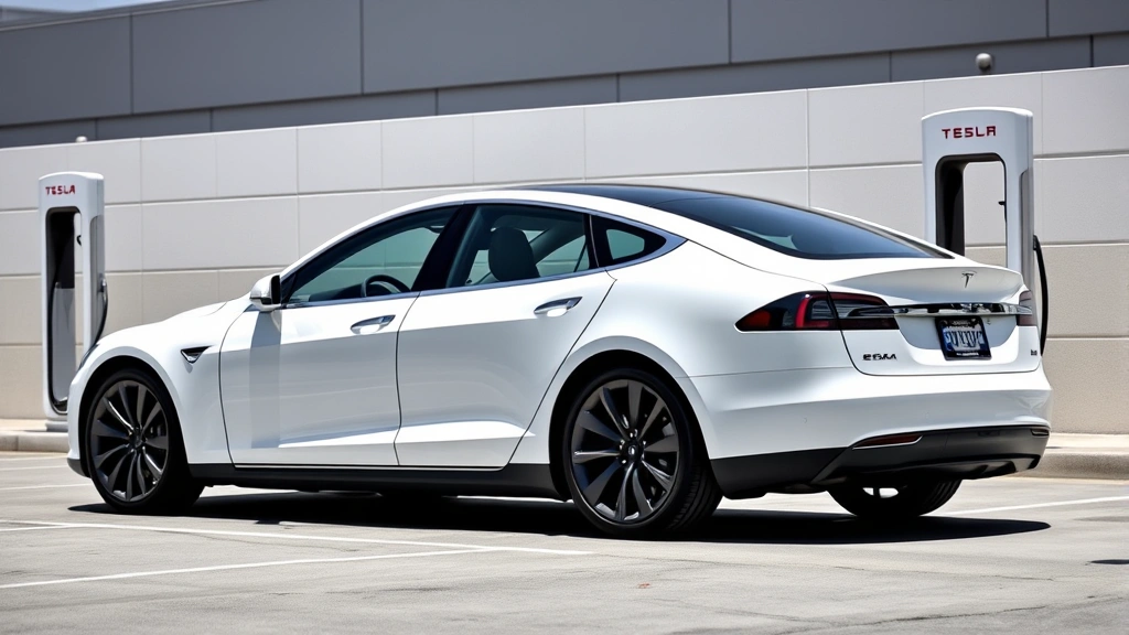 Tesla Model S Plaid electric sedan in pearl white multi-coat, captured from side profile view on a modern charging station forecourt, emphasizing aerodynamic silhouette and low stance, professional photography, bright daylight conditions, no visible license plates or displays