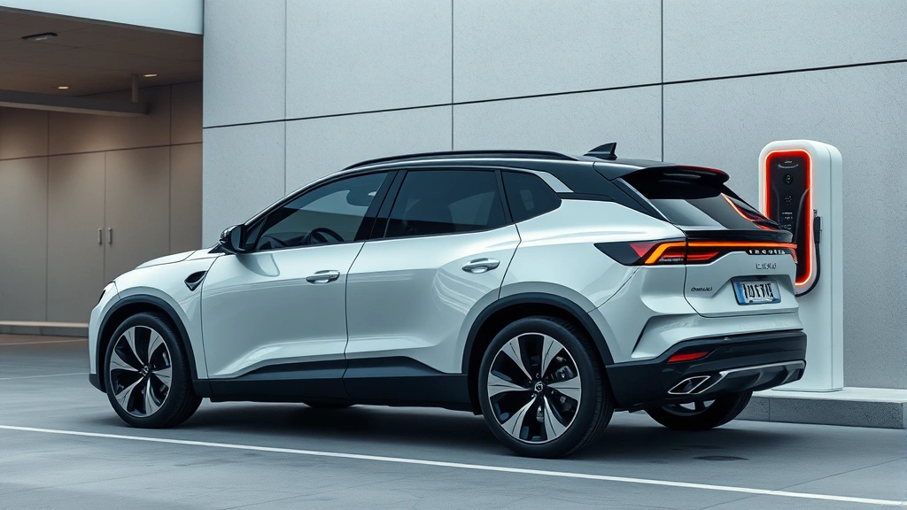 Electric SUV with futuristic design parked at charging station, minimalist architecture, professional automotive photography style